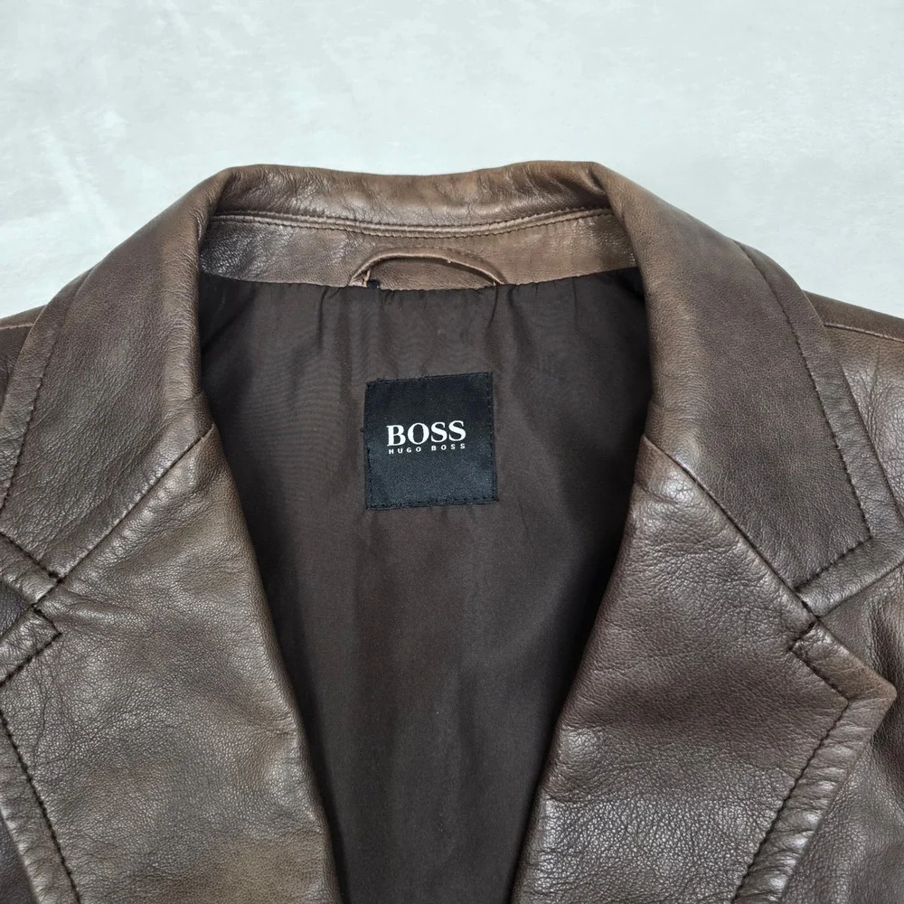 Hugo Boss Leather Blazer Jacket Mens XL 46R Brown Lamb Leather Soft! Distressed - Picture 6 of 16